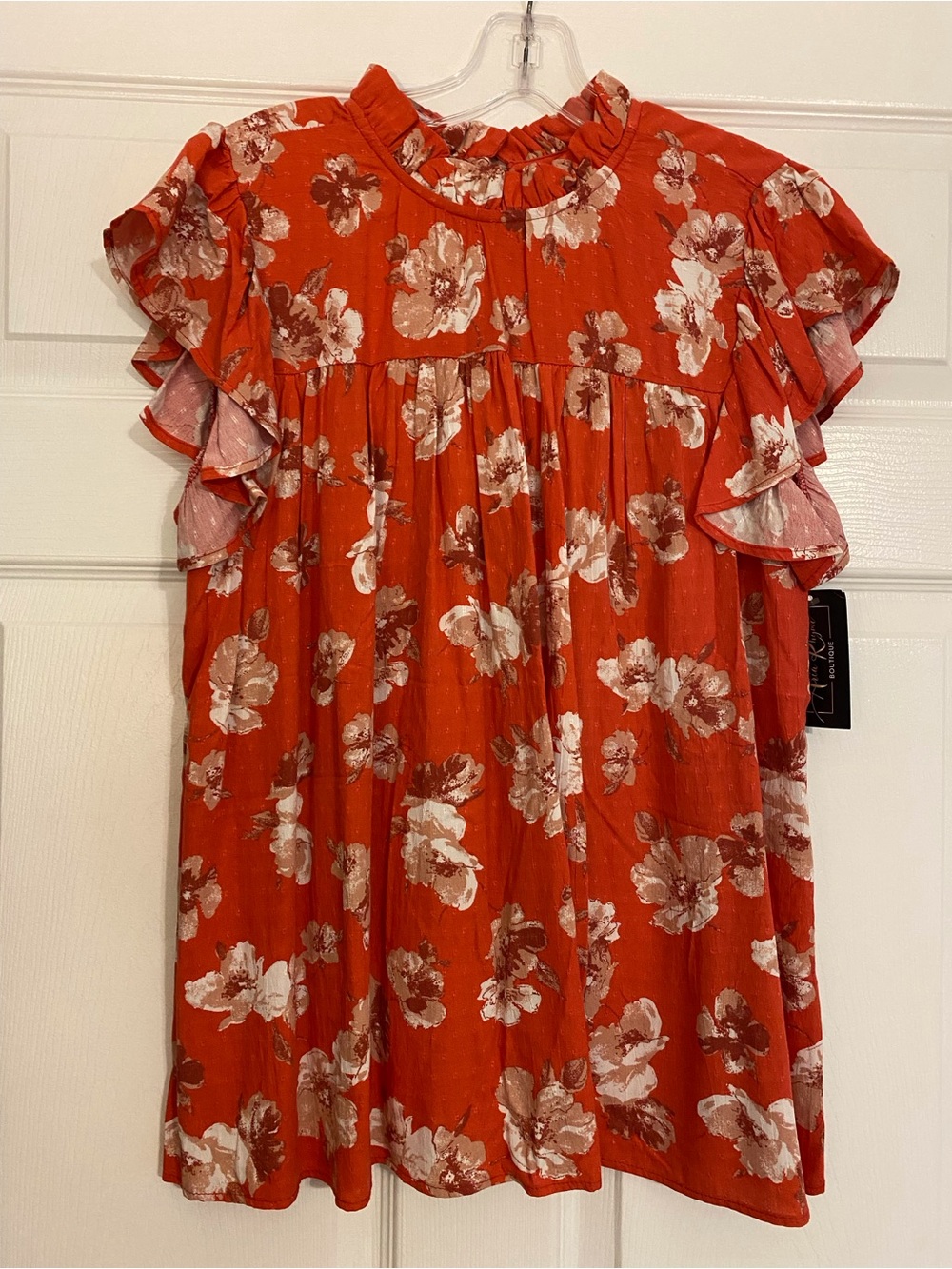 Women's Floral Ruffle Sleeve Blouse - Orange